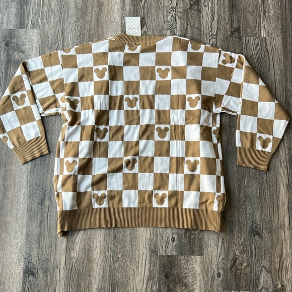 Disney Sweater Brown and White Checkered Mickey Mouse Cardigan Size Large - Picture 7 of 12